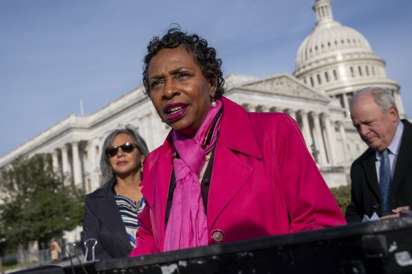 FILE - Rep. Yvette Clarke of New York speaks at a news conference in Washington, Nov. 4, 2021. Clarke and Sen. Amy Klobuchar of Minnesota sent a letter Thursday to Meta CEO Mark Zuckerberg and X CEO Linda Yaccarino asking each to explain any rules they're crafting to curb AI-generated election ads that deceive people. (AP Photo/J. Scott Applewhite, File)