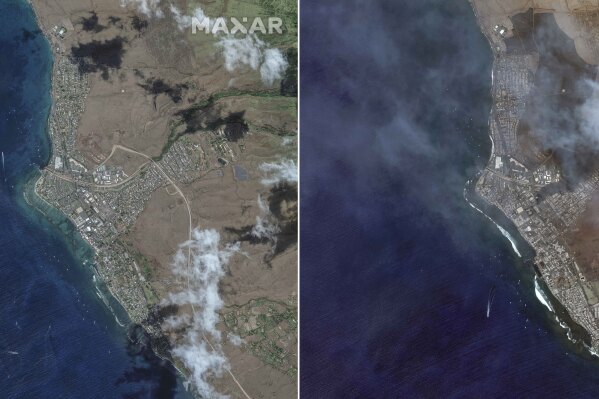 This combination of satellite images provided by Maxar Technologies shows an overview of Lahaina on Maui, Hawaii, on June 25, 2023, left, and an overview of the same area on Wednesday, Aug. 9, following a wildfire that tore through the heart of the Hawaiian island. (Maxar Technologies via AP)