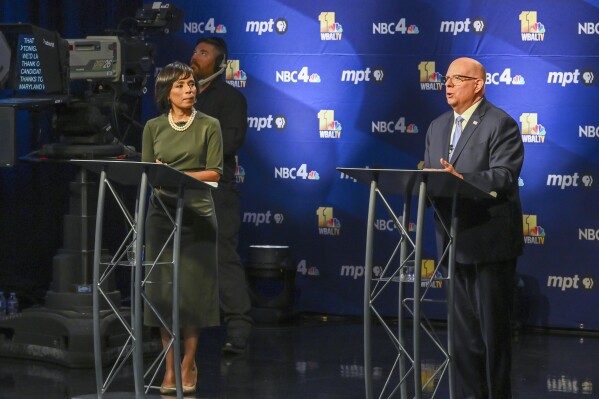 In this photo provided by Maryland Public Television, U.S. Senate in Maryland candidate Republican Larry Hogan speaks during a debate against fellow-candidate, Democrat Angela Alsobrooks at Maryland Public Television in Owings Mills, Md., Thursday, Oct. 10, 2024. (Michael Ciesielski Photography/Maryland Public Television via AP)