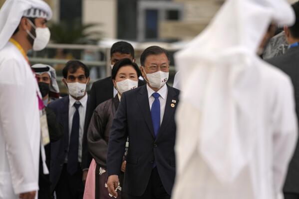 South Korean President Moon Jae-in arrives to Al Wasl Dome to attend an official ceremony at Dubai Expo 2020, in Dubai, United Arab Emirates, Sunday, Jan. 16, 2022. (AP Photo/Kamran Jebreili)