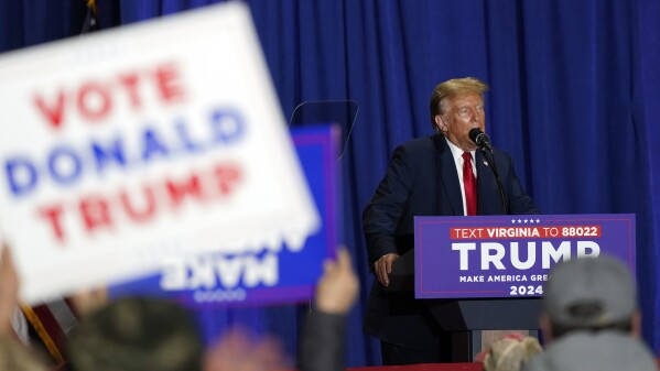 Republican presidential candidate former President Donald Trump speaks at a campaign rally Saturday, March 2, 2024, in Richmond, Va. (AP Photo/Steve Helber)