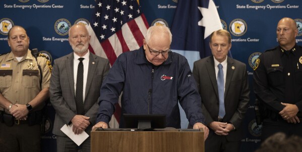 Minnesota Gov. Tim Walz pauses as he speaks about the killing of state Rep. Melissa Hortman and her husband at the State Emergency operations Center in Blaine, Minn.. Saturday, June 14, 2025. (Jerry Holt/Star Tribune via AP)