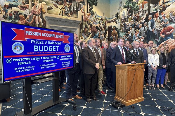 Missouri House Speaker Dean Plocher speaks at a press conference as majority party Republicans tout passage of a state budget, Friday, May 10, 2024, at the state Capitol in Jefferson City, Mo. (AP Photo/David A. Lieb)