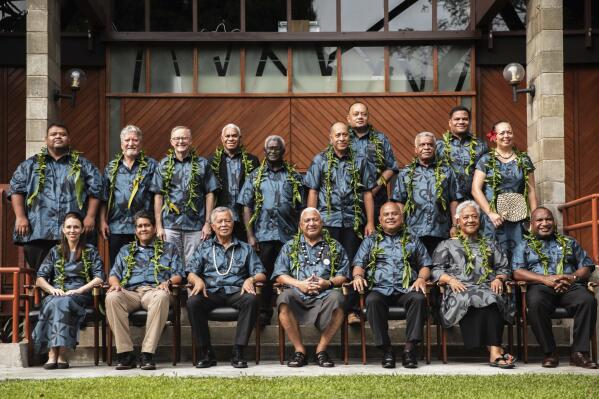 Leaders pose during the family photo at the Pacific Islands Forum leaders summit in Suva, Fiji, Thursday, July 14, 2022. (Samuel Rillstone/AAP Image via AP)