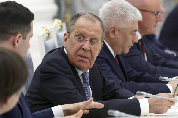 Russian Foreign Minister Sergey Lavrov attends a meeting of Russian President Vladimir Putin with the new cabinet members at the Kremlin in Moscow, Russia, Tuesday, May 14, 2024. (Vyacheslav Prokofyev, Sputnik, Kremlin Pool Photo via AP)