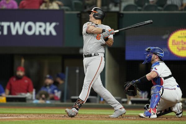 Jorge Mateo of the Baltimore Orioles bats against the Texas Rangers in  2023