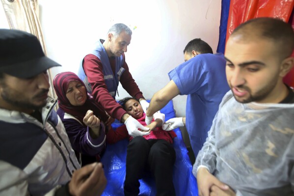 Palestinian medics treat a girl wounded in the Israeli bombardment at a building of an UNRWA vocational training center which displaced people use as a shelter in Khan Younis, southern Gaza Strip, Wednesday, Jan. 24, 2024. (AP Photo/Ramez Habboub)