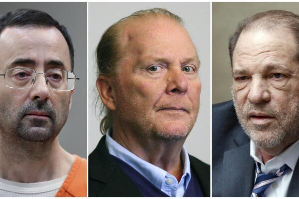 This combination of 2017-2020 photos shows, from left, Dr. Larry Nassar, Mario Batali, and Harvey Weinstein. Legal experts and victims’ advocates say celebrity chef Batali’s acquittal on sexual assault charges underscores the inherent difficulties of prosecuting such cases nearly five years into the #MeToo era. (AP Photo/Paul Sancya, John Minchillo; David L Ryan/The Boston Globe via AP)