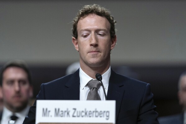 Meta CEO Mark Zuckerberg appears before the Senate Judiciary Committee's hearing on online child safety on Capitol Hill, Wednesday, Jan. 31, 2024 in Washington. (APPhoto/Jose Luis Magana)