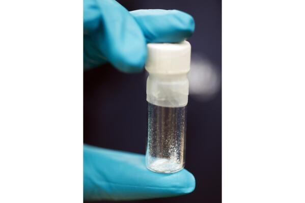 FILE - A vial containing 2mg of fentanyl, which will kill a human if ingested into the body, is displayed at the Drug Enforcement Administration (DEA) Special Testing and Research Laboratory in Sterling, Va., on Aug. 9, 2016. Police in Portland, Ore., say that at least eight people died from suspected drug overdoses over the weekend. The police bureau said that six of the deaths were likely fentanyl related. (AP Photo/Cliff Owen, File)
