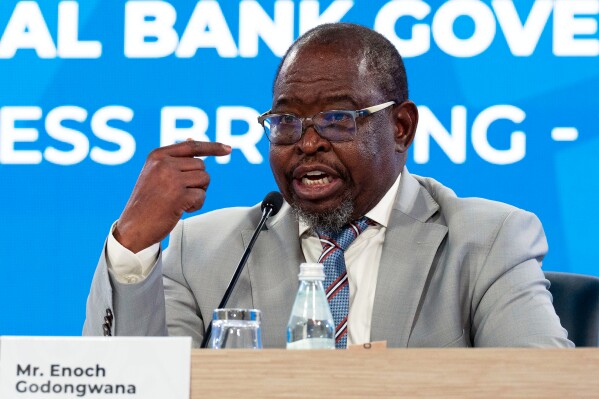 South Africa Finance Minister Enoch Godongwana speaks during a news conference after the G20 plenary session, during the World Bank/IMF Spring Meetings at the International Monetary Fund (IMF) headquarters in Washington, Thursday, April 24, 2025. (AP Photo/Jose Luis Magana)