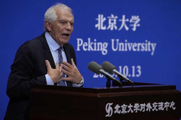 EU foreign policy chief Josep Borrell delivers a speech at Peking University in Beijing, Friday, Oct. 13, 2023. The European Union's top foreign policy official warned Friday that public sentiment in Europe could turn more protectionist if the region's trade deficit with China is not reduced. (AP Photo/Ng Han Guan)