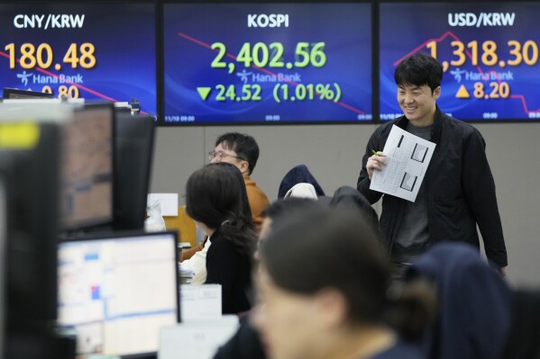A currency trader passes by the screens showing the Korea Composite Stock Price Index (KOSPI), center, and the foreign exchange rate between U.S. dollar and South Korean won, right, at the foreign exchange dealing room of the KEB Hana Bank headquarters in Seoul, South Korea, Friday, Nov. 10, 2023. Asian shares have retreated after rising bond market yields once again weighed on Wall Street. The declines ended a lull in wider swings in prices during a brief respite from market moving data releases. (AP Photo/Ahn Young-joon)