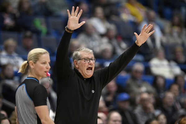 UConn head coach Geno Auriemma gestures to his team in the first half of an NCAA college basketball game against Seton Hall, Wednesday, Feb. 7, 2024, in Hartford, Conn. (AP Photo/Jessica Hill)