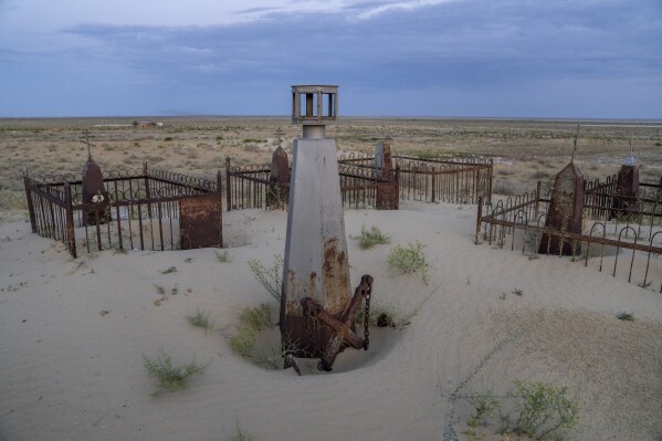 Graves, one with an anchor, are covered with sand along the dried-up Aral Sea near the city of Aralsk, Kazakhstan, Monday, July 3, 2023. (AP Photo/Ebrahim Noroozi)