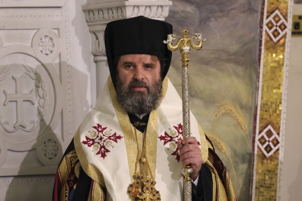 Newly appointed Orthodox Archbishop Joan of Tirana, Durres and All Albania, looks on during an inauguration ceremony at the Cathedral of Resurrection of Christ, in Tirana, Albania, Saturday, March 29, 2025. (AP Photo/Vlasov Sulaj)
