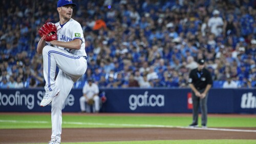 Toronto Blue Jays starting pitcher Chris Bassitt (40) works against the Arizona Diamondbacks during the first inning of a baseball game in Toronto on Saturday, July 15, 2023. (Mathew Tsang/The Canadian Press via AP)