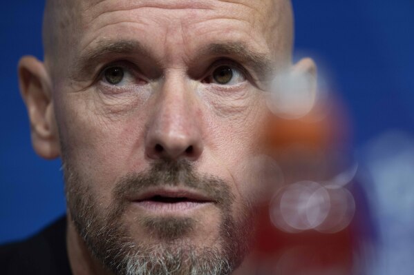 Manchester United's head coach Erik ten Hag attends a news conference in Munich, Germany, Tuesday, Sept. 19, 2023 prior to the Champions League group A match between Bayern Munich and Manchester United on Wednesday. (AP Photo/Matthias Schrader)