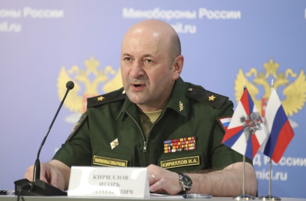 Maj. Gen. Igor Kirillov, the chief of the Russian military's radiation, chemical and biological protection unit, attends a briefing in Kubinka Patriot park, outside Moscow, Russia, on June 22, 2018. (AP Photo, File)