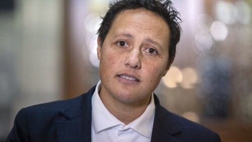 New Zealand Justice Minister Kiri Allan reacts during a news conference at Parliament in Wellington, New Zealand, June 26, 2023. Allan resigned Monday, July 24, after police charged her with reckless driving and resisting arrest following a car crash. (Mark Mitchell/NZ Herald via AP)