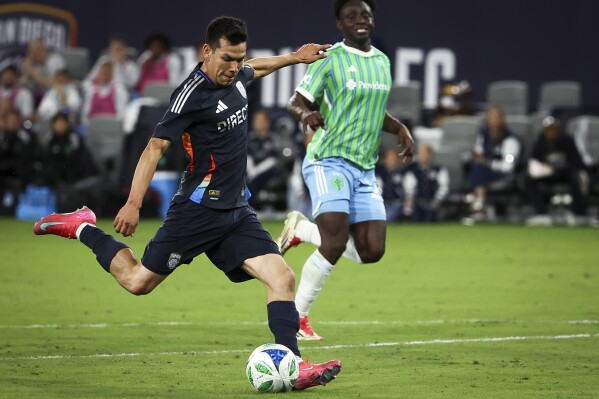 San Diego FC midfielder Chucky Lozano scores a goal against the Seattle Sounders during an MLS soccer match Saturday, April 5, 2025, in San Diego. (Meg McLaughlin/The San Diego Union-Tribune via AP)