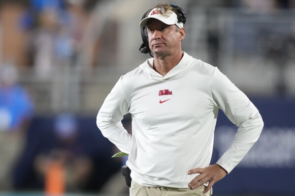 Mississippi head coach Lane Kiffin watches his team play against Vanderbilt during the second half of an NCAA college football game in Oxford, Miss., Saturday, Oct. 28, 2023. (AP Photo/Rogelio V. Solis)
