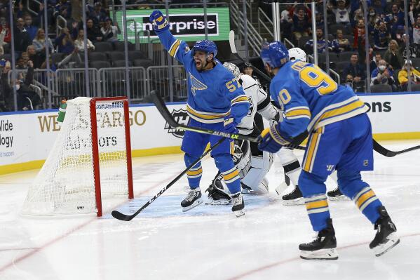 St. Louis Blues' David Perron (57) celebrates after scoring a goal during the second period of an NHL hockey game against the Los Angeles Kings, Saturday, Oct. 23, 2021, in St. Louis. (AP Photo/Scott Kane)