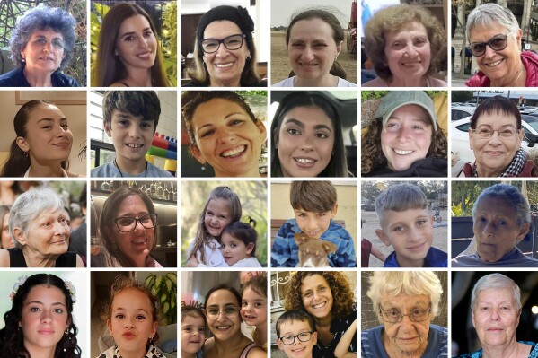 This combination of undated images shows residents of Kibbutz Nir Oz who have been freed from Hamas captivity in the Gaza Strip, where they had been held hostage since an Oct. 7 cross-border attack. Top row from left: Adina Moshe, Sapir Cohen, Ofelia Roitman, Irena Tati, Yelena Trupanov, Ada Sagi. Second row from left: Sahar Kalderon and her brother Erez Kalderon, Liat Atzili, Ilana Gritzewsky, Shani Goren, Channa Peri. Third row from left: Yaffa Adar, Nili Margalit, sisters Aviv, right, and Raz Asher Katz, Eitan Yahalomi, Yagil Yaakov, Tamar Metzger. Bottom row from left: Dafna Elyakim and her sister Ela Elyakim, Sharon Aloni Cunio, center, and her twin daughters, Emma and Yuli, Keren Munder and her son Ohad, Ditza Heiman, Hannah Katzir. (Hostages and Missing Families Forum via AP)