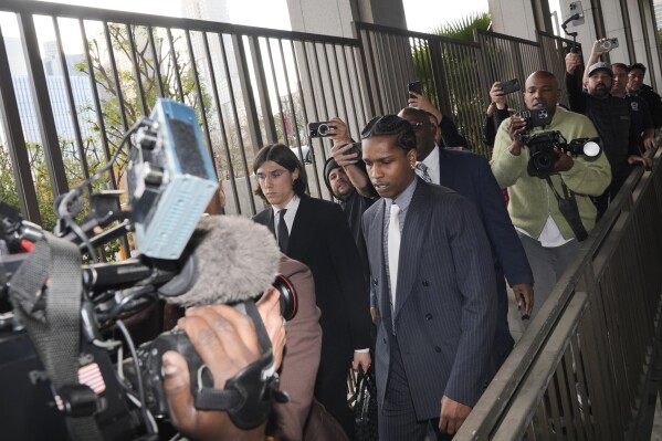 A$AP Rocky arrives at court for his trial Tuesday, Feb. 18, 2025, in Los Angeles. (AP Photo/Damian Dovarganes)