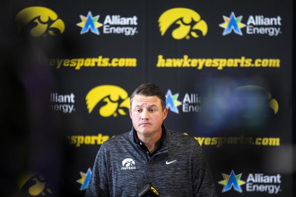Iowa NCAA college football offensive coordinator and quarterbacks coach Brian Ferentz speaks with reporters during a news conference, Wednesday, Oct. 12, 2022, at the Hansen Football Performance Center in Iowa City, Iowa. Iowa plays at Ohio State on Oct. 22. (Joseph Cress/Iowa City Press-Citizen via AP)