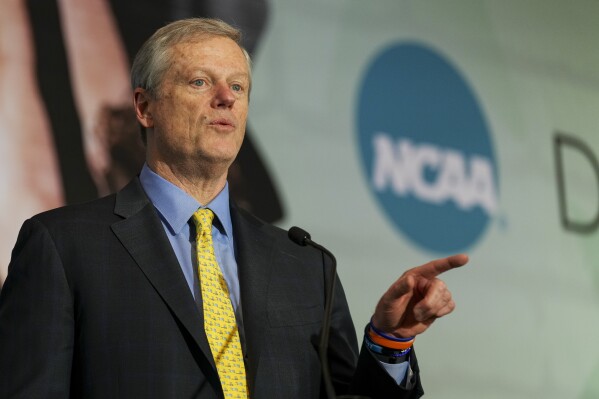 NCAA President Charlie Baker speaks during the organizations Division I Business Session at their annual convention, Jan. 15, 2025, in Nashville, Tenn. (AP Photo/George Walker IV,File)
