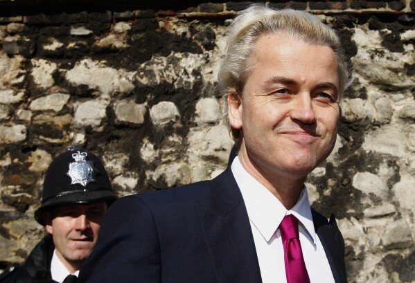 FILE - Dutch politician Geert Wilders arrives for a press conference in London, Friday, March 5, 2010. Geert Wilders has won a massive victory in a Dutch election and is in pole position to form the next governing coalition and possibly become the Netherlands' next prime minister. (AP Photo/Kirsty Wigglesworth, File)