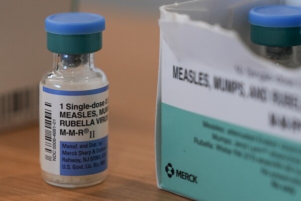A vial of the measles, mumps and rubella vaccine is on display at the Lubbock Health Department Wednesday, Feb. 26, 2025, in Lubbock, Texas. (AP Photo/Mary Conlon)