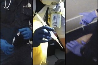 In this combination of images from body-camera videos, medics prepare to inject sedatives to Ivan Gutzalenko in Richmond, Calif., in 2021; Hunter Barr in Colorado Springs, Colo., in 2020, and Wesley Garrett-Henry in San Diego, Calif., in 2020. An investigation led by The Associated Press published in 2024, has found the practice of giving sedatives to people detained by police spread quietly over the last 15 years, built on questionable science and backed by police-aligned experts. (Richmond Police Department, Colorado Springs Police Department, San Diego Police Department via AP)