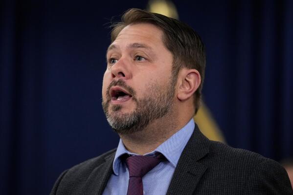 FILE - Rep. Ruben Gallego, D-Ariz., speaks at the Capitol, Thursday, April 6, 2023, in Phoenix. Gallego, a progressive 43-year-old Iraq war veteran and Spanish speaker who represents much of downtown Phoenix, is trying to unseat Sen. Kyrsten Sinema. She left the Democratic Party last year and, if she seeks reelection, would run as an independent. (AP Photo/Matt York, File)