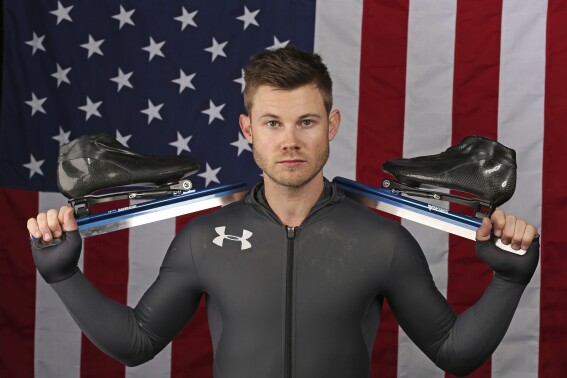 FILE - U.S. Olympic Winter Games long track speedskating hopeful Joey Mantia poses for a portrait at the 2017 Team USA media summit Wednesday, Sept. 27, 2017, in Park City, Utah. Mantia, a three-time world champion who won a bronze medal at the Beijing Winter Olympics, has retired from speedskating at age 37. (AP Photo/Rick Bowmer, File)