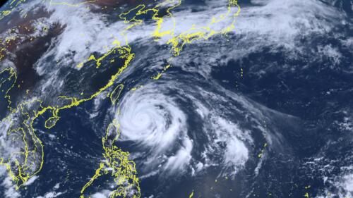 This satellite image released by National Institute of Information and Communications Technology (NICT), shows Typhoon Mawar approaching Philippine northern provinces Monday, May 29, 2023. (National Institute of Information and Communications Technology via AP)