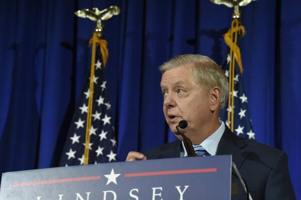 U.S. Sen. Lindsey Graham of South Carolina makes his victory speech after winning another term in office on Tuesday, Nov. 3, 2020, in Columbia, S.C. (AP Photo/Meg Kinnard)