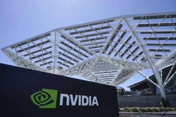 The Nvidia office building is shown in Santa Clara, Calif., Wednesday, May 31, 2023. Computer chip maker Nvidia has turned the artificial intelligence craze into a springboard that has catapulted the company into the constellation of Big Tech’s brightest stars. The company reports earnings on Wednesday. (AP Photo/Jeff Chiu)
