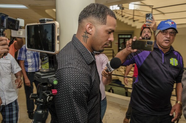 Tampa Bay Rays shortstop Wander Franco, who is charged with sexual abuse of a 14-year-old girl, arrives to court, in Puerto Plata, Dominican Republic, Wednesday, Aug. 14, 2024. (AP Photo/Ricardo Hernandez)