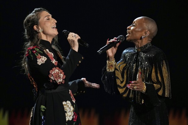 Sarah Bareilles, left, and Host Cynthia Erivo perform "Tomorrow" during the In Memoriam segment during the 78th Tony Awards on Sunday, June 8, 2025, at Radio City Music Hall in New York. (Photo by Charles Sykes/Invision/AP)