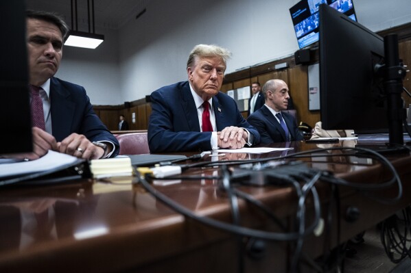 Former President Donald Trump sits in Manhattan criminal court with his legal team ahead of the start of jury selection in New York, Monday, April 15, 2024. (Jabin Botsford/Pool Photo via AP)