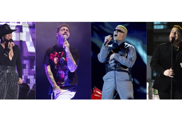 This combination photo shows Alicia Keys hosting the 61st annual Grammy Awards in Los Angeles on Feb. 10, 2019, from left, Post Malone performing in Philadelphia on Feb. 21, 2020, Bad Bunny performing at the Billboard Latin Music Awards in Las Vegas on April 25, 2019 and Luke Combs performing at the 54th annual Academy of Country Music Awards in Las Vegas on April 7, 2019. Keys, Malone, Bad Bunny and Combs will the perform at the 2020 Billboard Music Awards on Oct. 14.  (AP Photo)