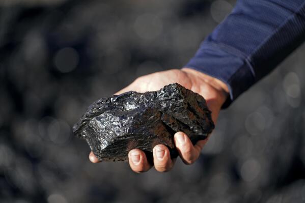 Sean Hovorka, production superintendent Trapper Mining, holds coal from the Trapper Mine on Thursday, Nov. 18, 2021, in Craig, Colo. Hovorka, also recently elected member of the town's city council, sees a future in mining because of renewables. (AP Photo/Rick Bowmer)