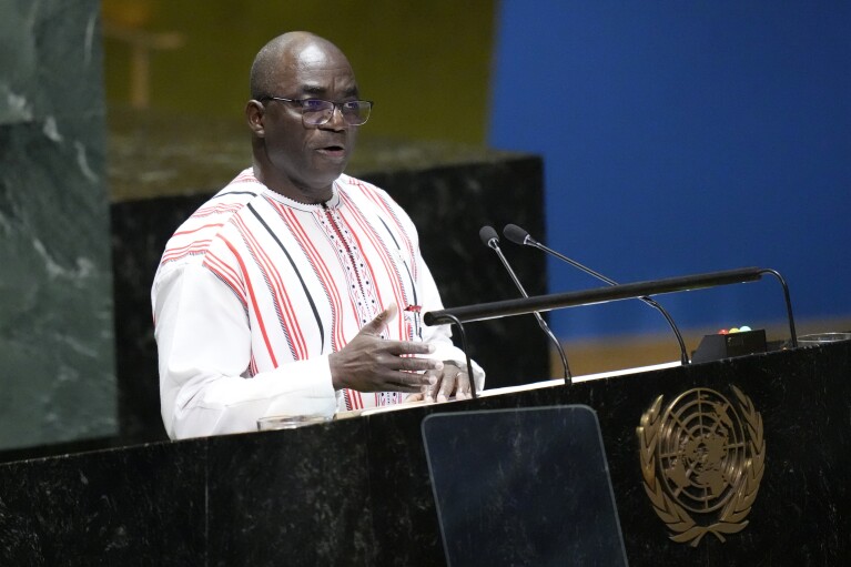 Burkina Faso's Minister of State Bassolma Bazie addresses the 78th session of the United Nations General Assembly, Saturday, Sept. 23, 2023, at United Nations headquarters. (AP Photo/Mary Altaffer)