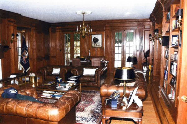 This image, contained in the report from special counsel Robert Hur, shows the first- floor home office of President Joe Biden in Wilmington, Del., on Jan. 20, 2023, during a search by FBI agents. In this main office agents found notebooks, including one Biden used to chronicle the Fall 2009 Afghanistan policy review. (Justice Department via AP)