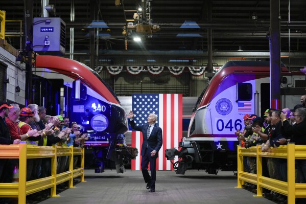 President Joe Biden arrives to speak at the Amtrak Bear Maintenance Facility, Monday, Nov. 6, 2023, in Bear, Del. (AP Photo/Andrew Harnik)
