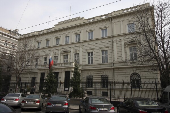 FILE - Outside view of the Russian embassy in Vienna, Austria, on Friday, March 19, 2010. Austrian police officers who provided security around the Russian Embassy on the day of that country's presidential election were given small presents as they left, Vienna police said Tuesday, March 26, 2024. Police were told to reject such gifts in the future. (AP Photo/Ronald Zak, File)