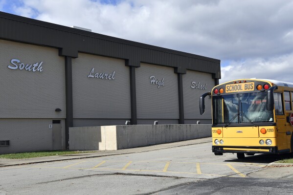 South Laurel High School in London, Ky., is seen on Tuesday, Oct. 31, 2023. Kentucky showed some improvement in statewide test scores, especially among elementary school pupils, but considerable work remains. (AP Photo/Timothy D. Easley)