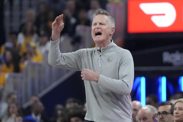 Golden State Warriors coach Steve Kerr gestures to players during the first half of Game 3 of the NBA basketball team's first-round playoff series against the Sacramento Kings in San Francisco, Thursday, April 20, 2023. (AP Photo/Jeff Chiu)